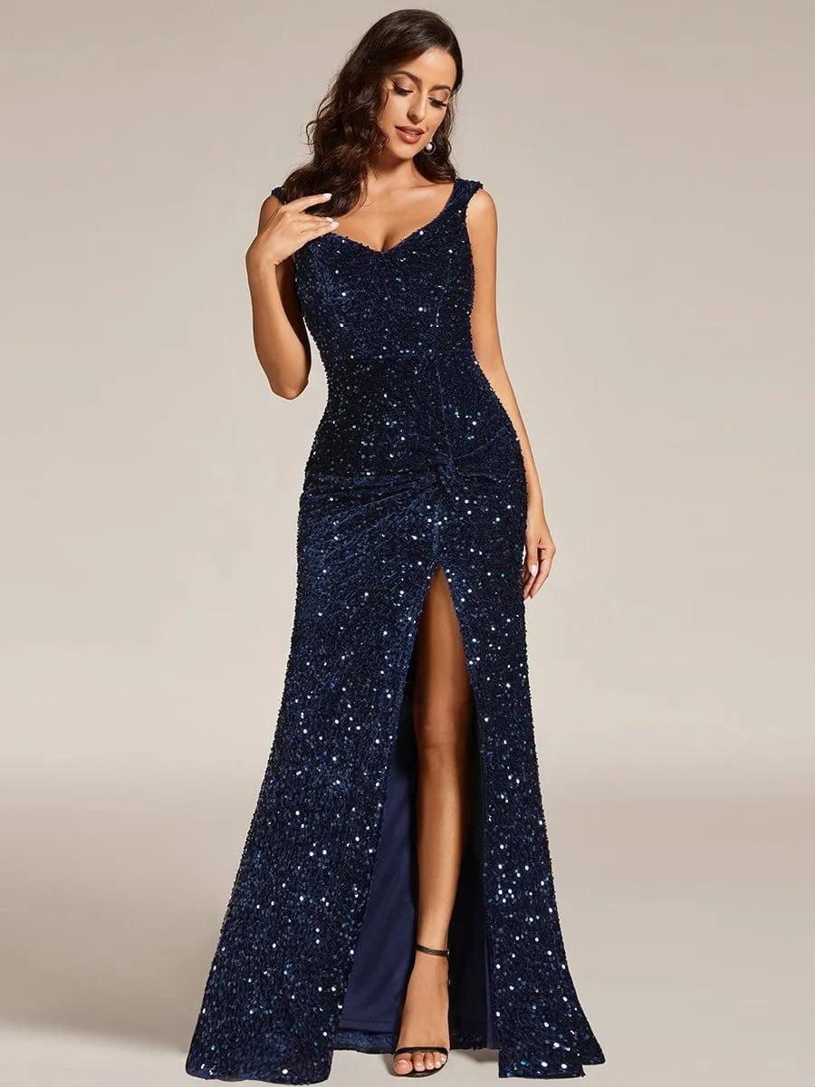Elegant Sequined V-neck Spaghetti Strap Evening Gown Large