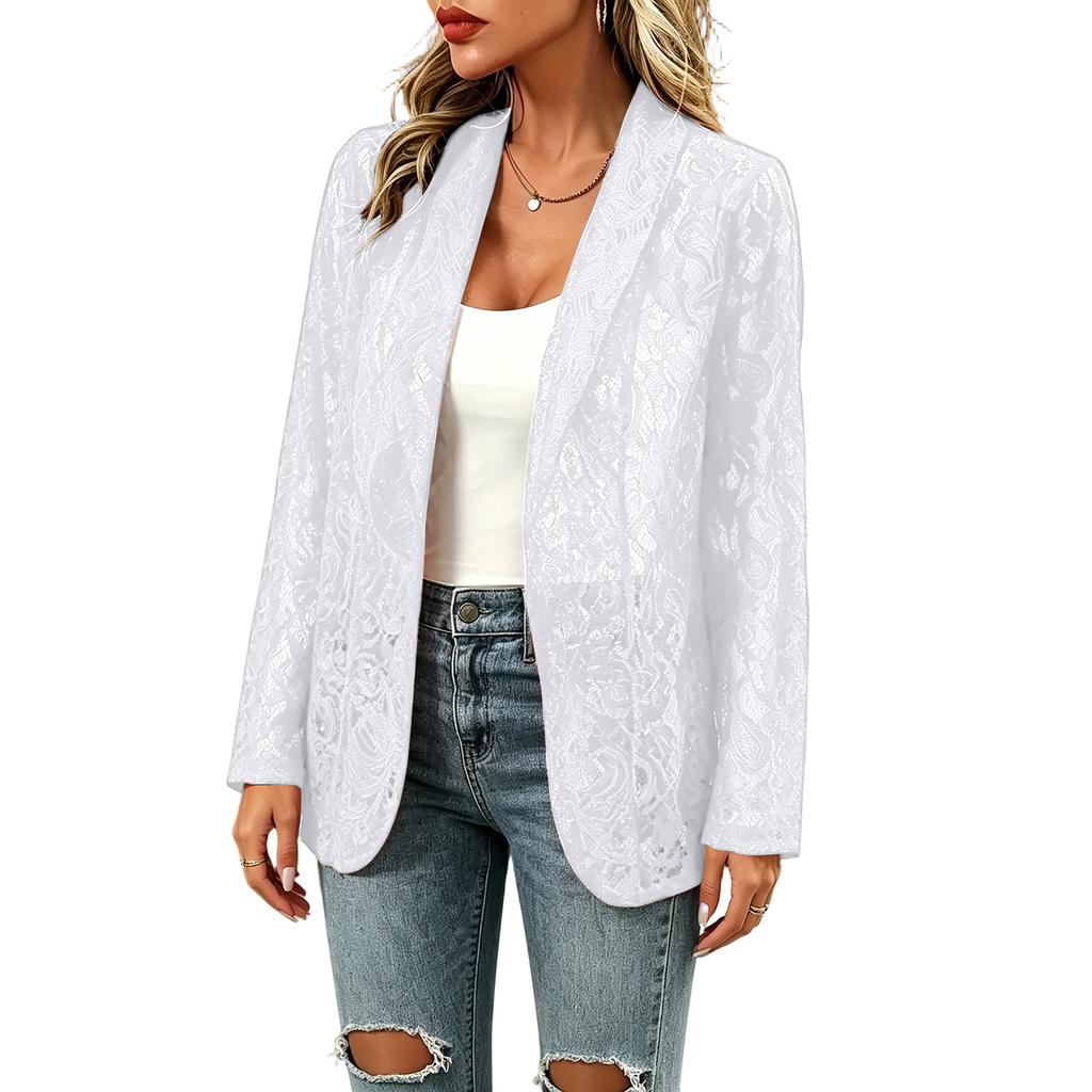 Women Lace Sleeve Open Front Blazer Casual Long Sleeve Lightweight Cardigan Jacket for Office and Daily Wear