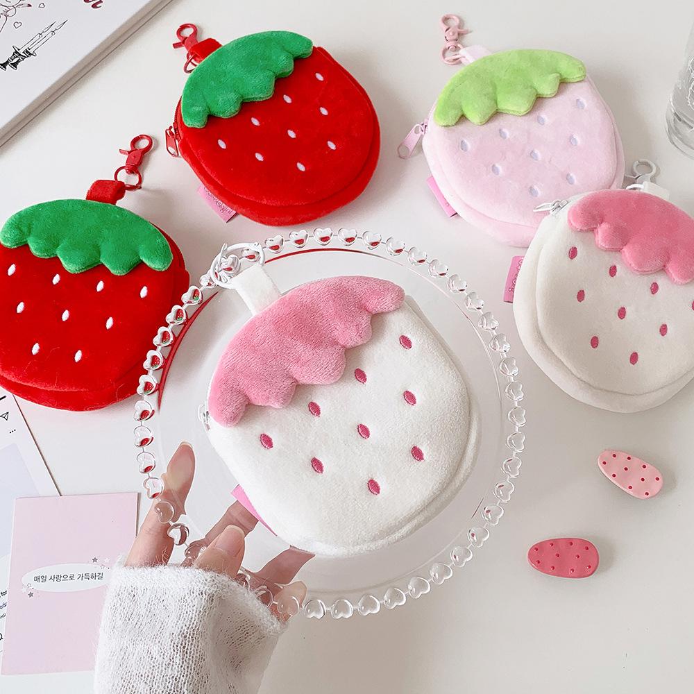 Cute Strawberry Plush Coin Purse Kawaii Mini Pouch for Earphones Holder Small Makeup Bag Backpack Keychain Charm for Women Girls