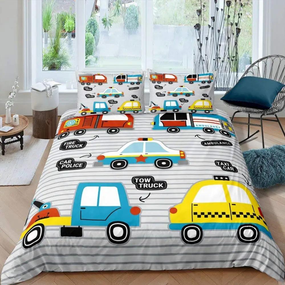 Police Car Duvet Cover Set Cartoon Car Bedding Set Kids Boys Blue Grey Emergency Responder Vehicles Polyester Quilt Cover