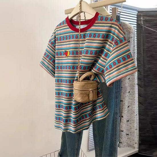 2025 College Style Striped Long-Sleeve Korean Round Neck Loose T-Shirt for Women