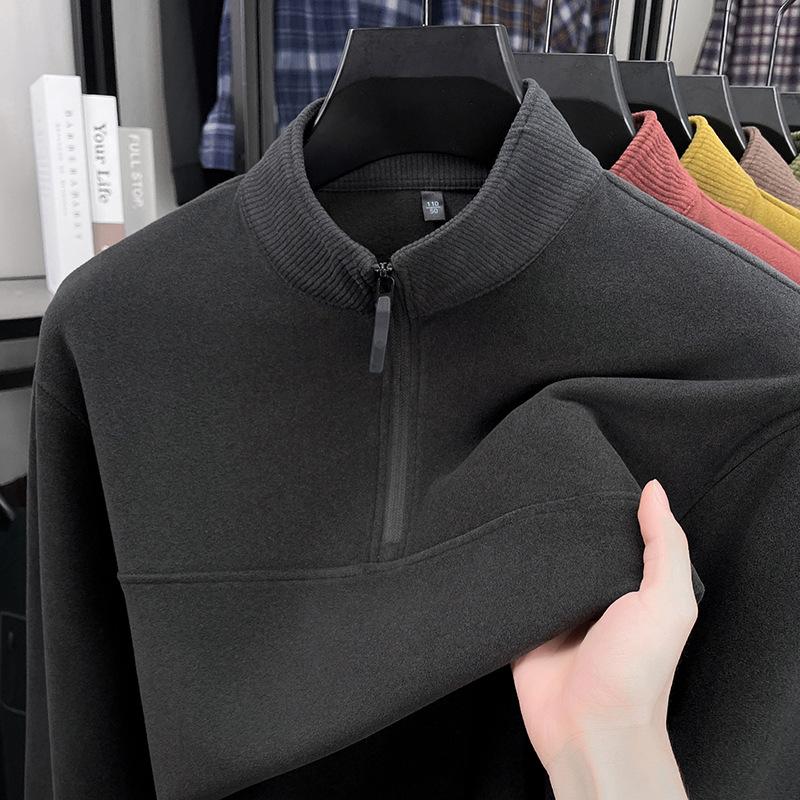 Men's Double-Sided German Fleece Half-Zip Hoodie - Stand Collar, Warm Base Layer for Autumn/Winter, Simple Casual Fashion.