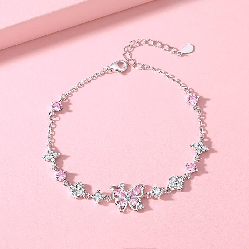 Tichia S925 Sterling Silver Butterfly Dance Bracelet with Pink Zircon Butterflies and Flowers for Women