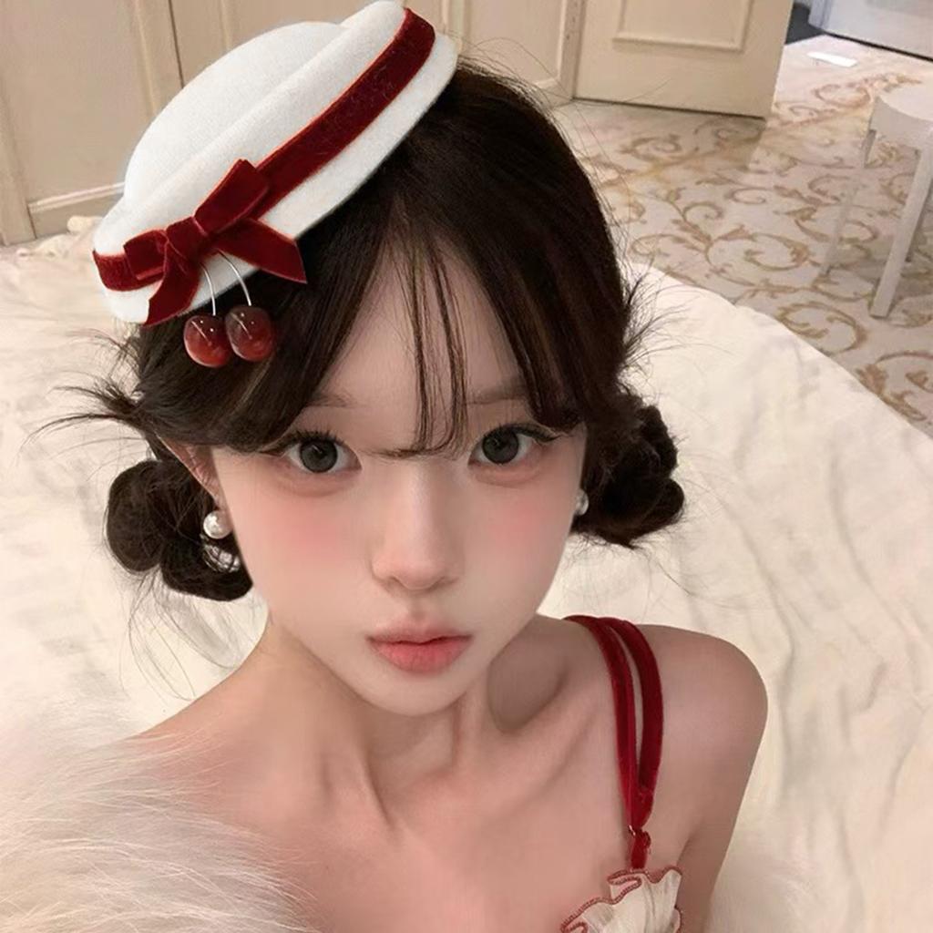 Cherry Bowknot Small Hat Hair Clip for Women Girl Sweet Beret Hat Head Accessory For Evening Party And Everyday Wear