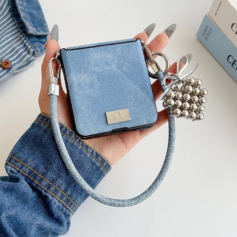 Samsung Z Flip7 Case: Stylish Denim Texture, Drop-Proof, Foldable Screen Protection, Anti-Lost Wrist Strap, Lanyard Included.