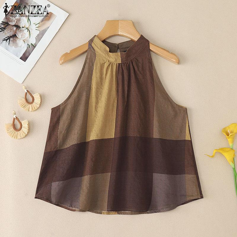 ZANZEA Damen Sommer Ärmellose Tanktops mit Karomuster