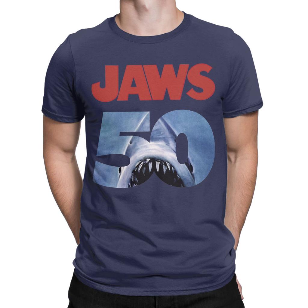 Movie Jaws 50th Anniversary Men's T Shirts  Leisure Tee Shirt Short Sleeve Round Collar T-Shirts Cotton Gift Idea Tops