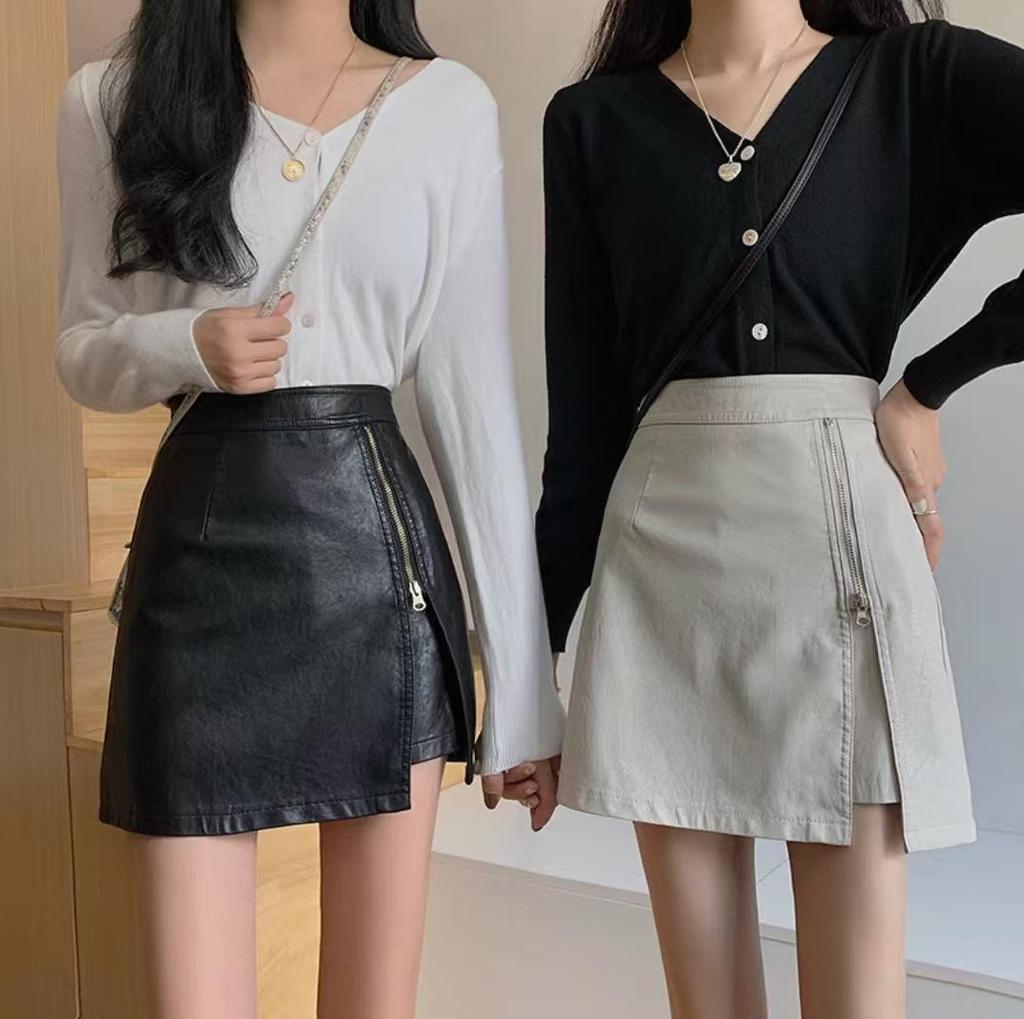 Korean Style High-Waist Irregular Zipper PU Leather A-line Midi Skirt for Women, 2025 Collection