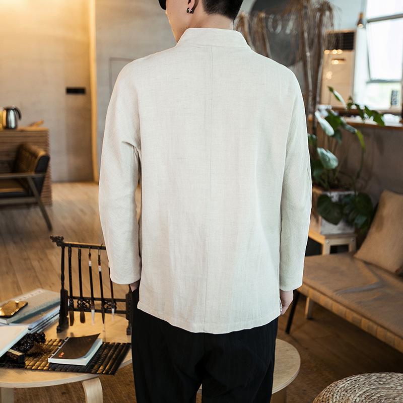 Men's Chinese-Style Long-Sleeve Linen Shirt with Stand-Up Collar - Retro Casual Top