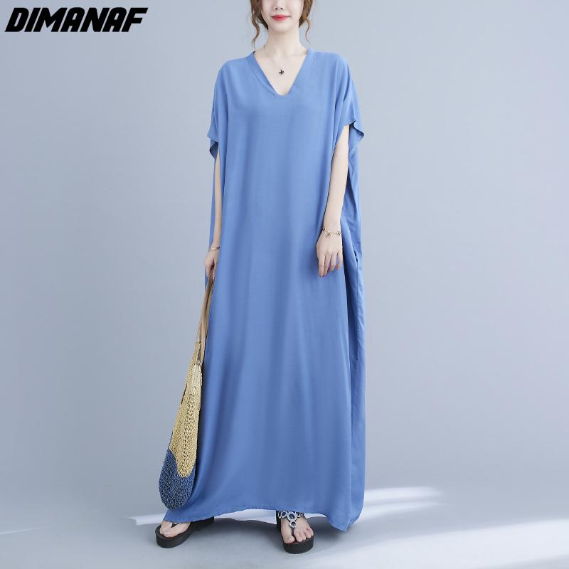DIMANAF 2021 Plus Size Women Dress Bohemian Beach Korean Style Summer Sundress Solid Maxi Dress Loose Design Casual Long Dress