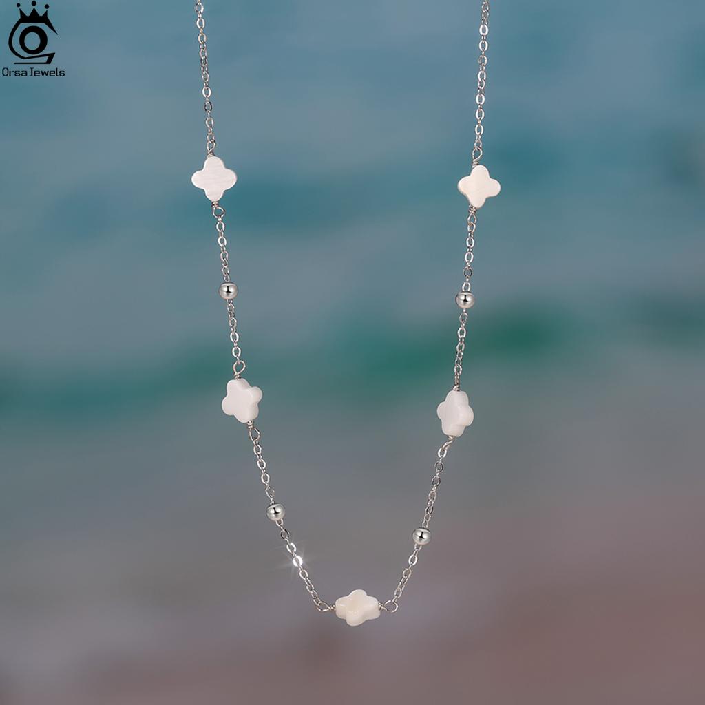 ORSA JEWELS 925 Sterling Silver Four Leaf Clover Choker Necklace With White Shell Ornament Neck Chain Jewelry Casual Wear GMN58