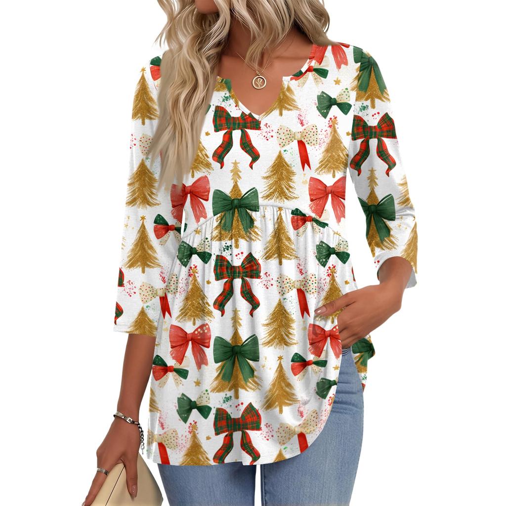 Women's Casual Christmas Print V-Neck Three-Quarter Sleeve Shirt