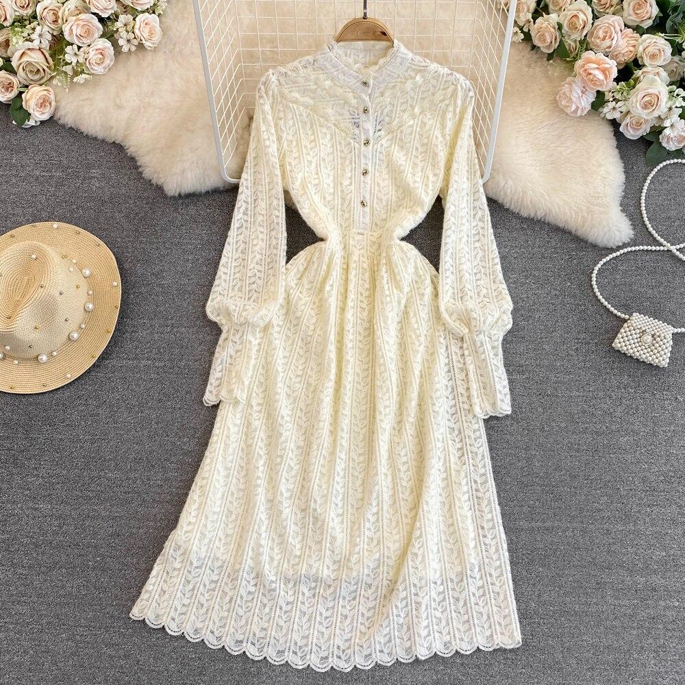 

Французская длинная юбка First Love, модное нежное качественное платье с воротником на талии и талией, тонкое кружевное платье