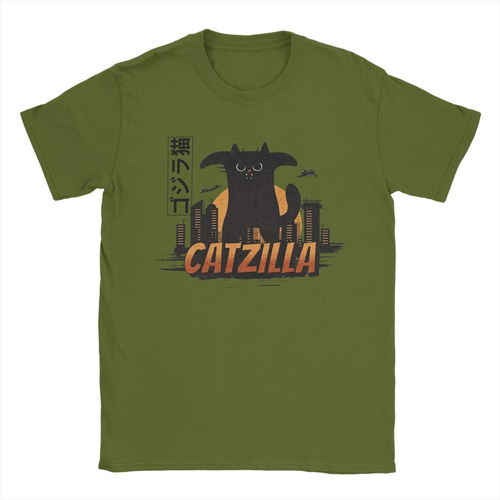 Herren T-Shirts Lustig Vintage Katze Catzilla König des Monsters Vintage Reine Baumwolle T-Shirts Kurzarm T-Shirts Rundhals Tops Geschenkidee