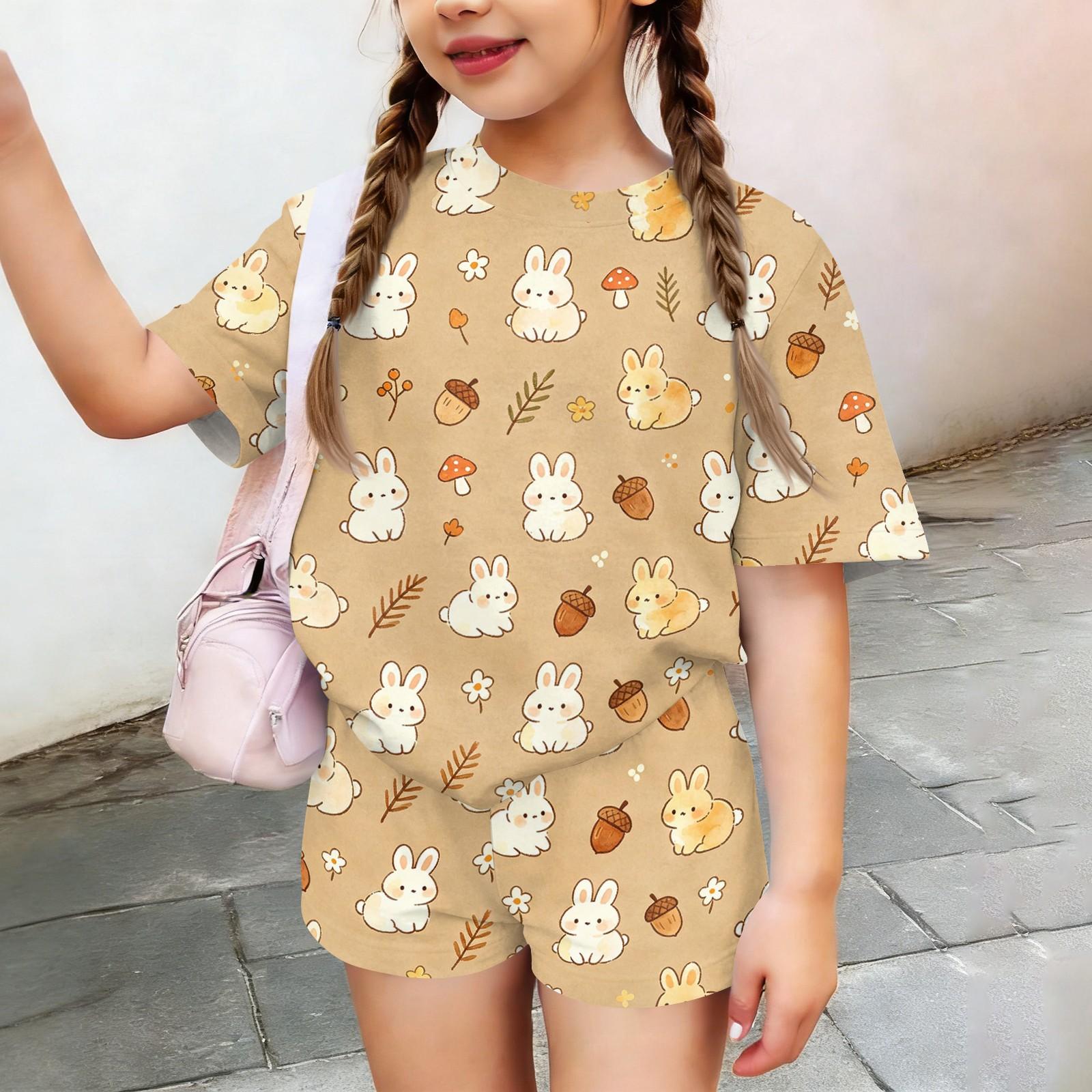 

Kids Casual Short Sleeve Top and Shorts Set Animal Print Lightweight Soft Fabric Comfortable Fit Summer Outfit for Boys and Girls 130 бежевый