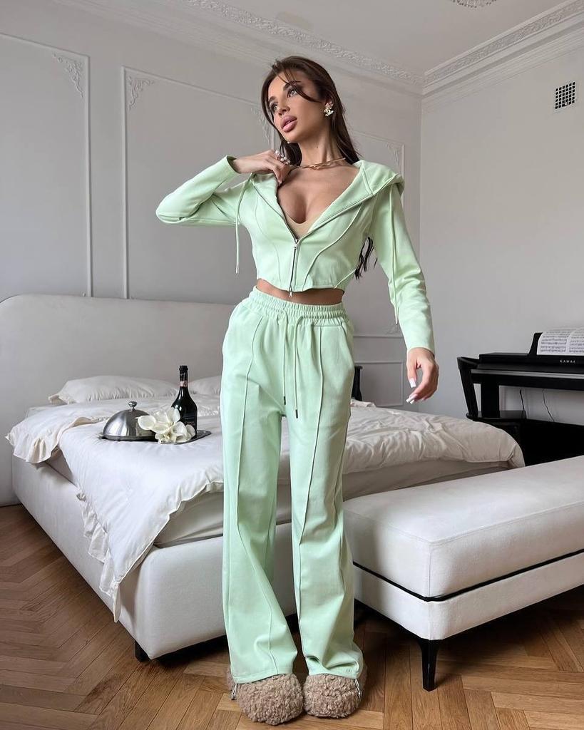 Women's Casual Lounge Set Long Sleeve Zipper Crop Top Lace Up Pants 2 Piece Outfit