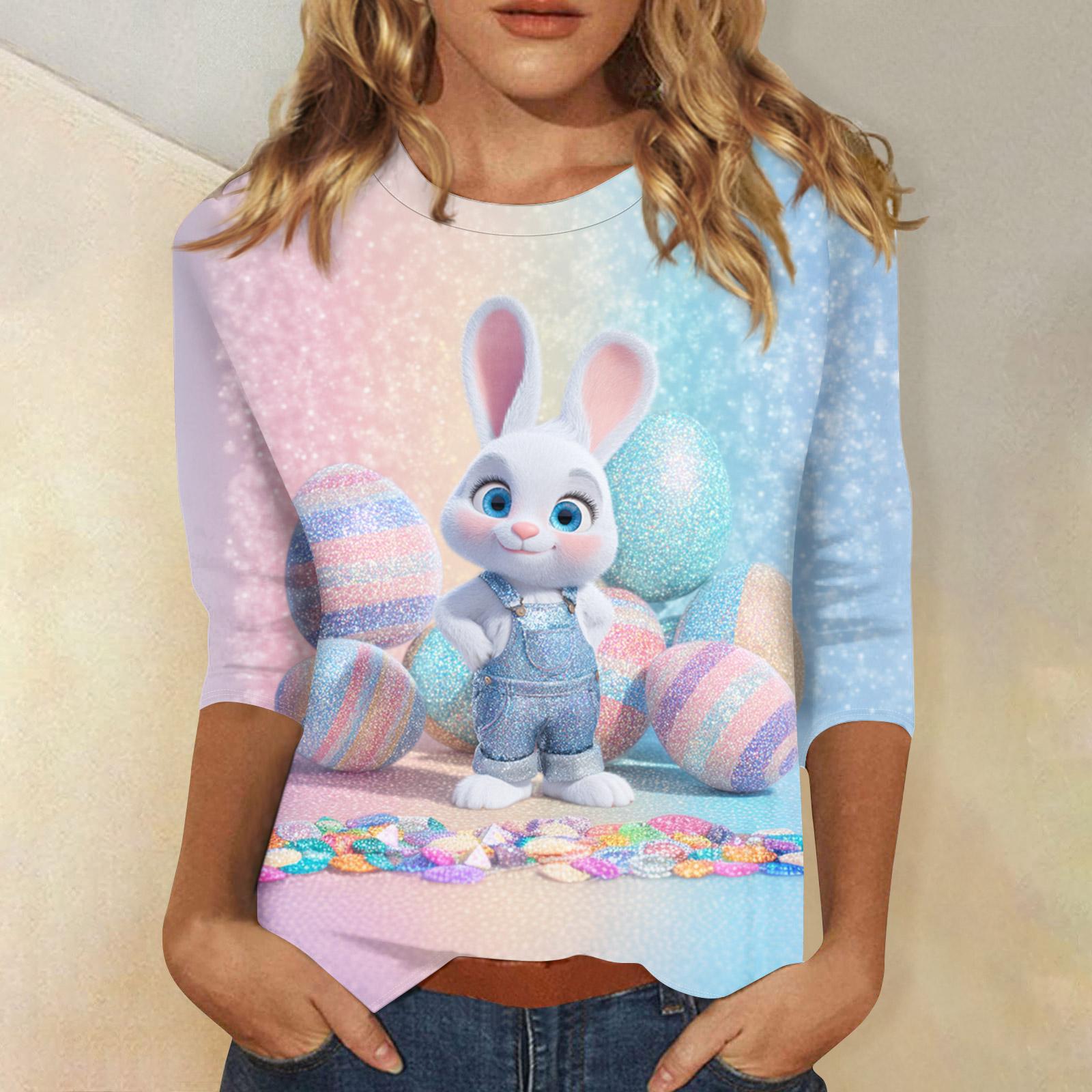 

Women s Tops Three-quarter Sleeve Shirt Round-neck Loose Casual Shirt Print T-shirt XXL синій