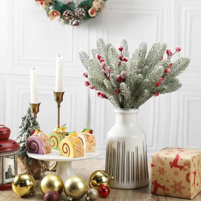 18Pcs Artificial Snowy Norfolk Pine Branch Red Berry Picks Faux Cedar Stem Christmas Holly Berries Branch DIY Vase Filler Holiday Party Decoration