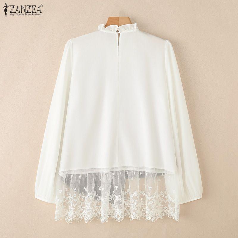 ZANZEA Women Casual Round Neck Long Sleeve Lace Splice Blouse
