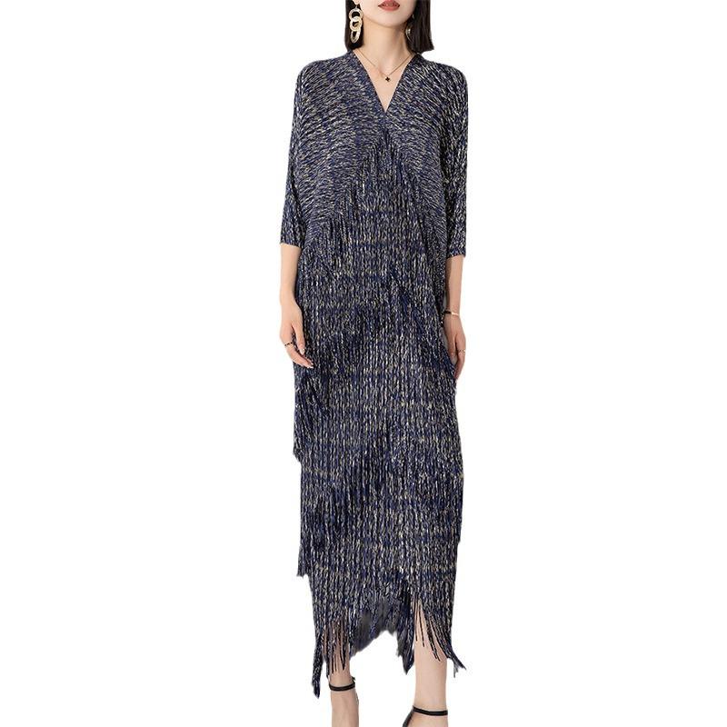 2024 Spring European & American Tassel Pleated Maxi Dress for Women