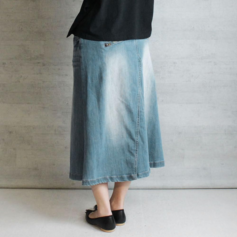 Större Storlekar Kläder Lång Kjol Jeanskjol Lång Längd Stretch Denim Blå 3L WD-0085