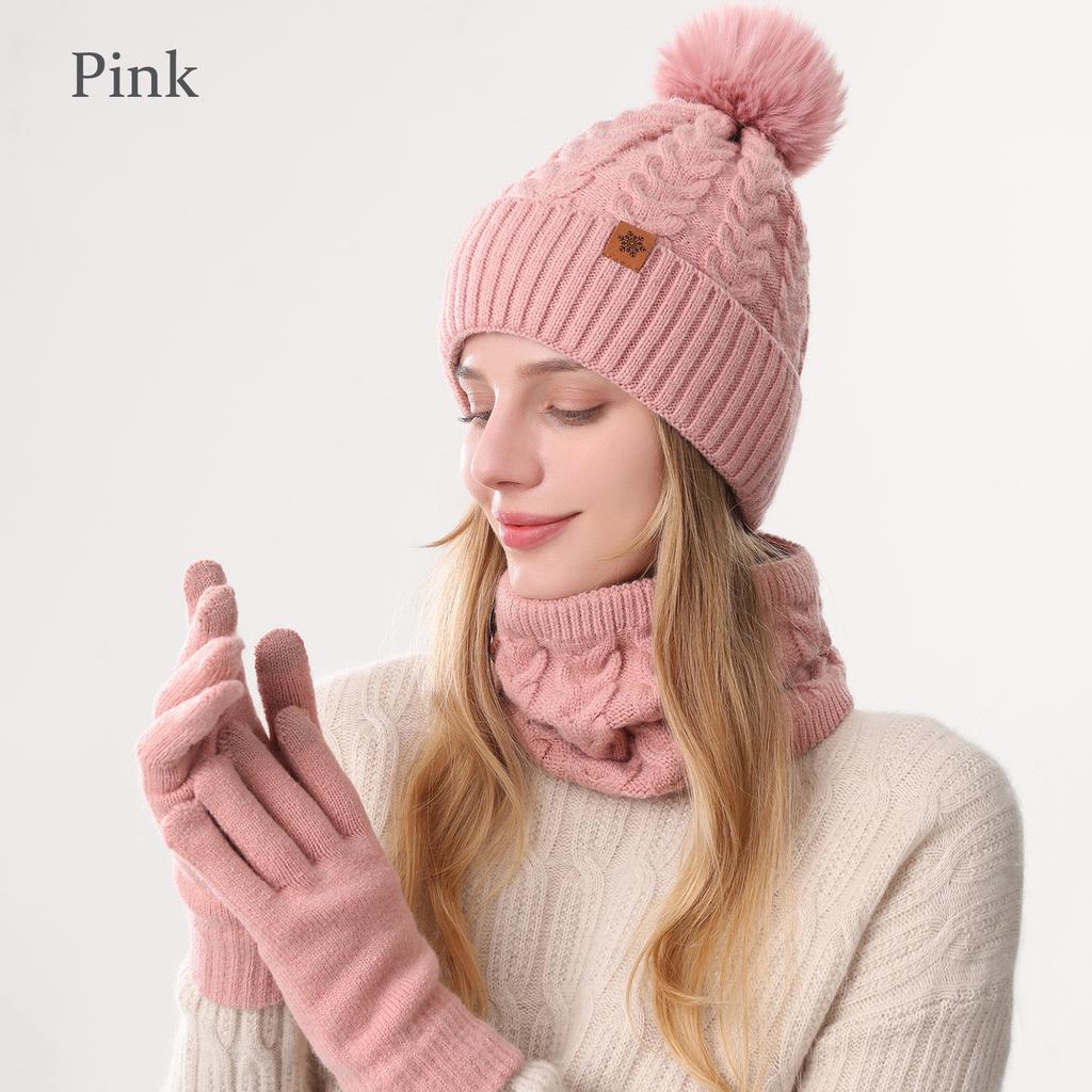 Classic Style Cold Weather Gloves Scarf Hat Three Piece Set for Winter Custom Logo Knit Beanie Ribbed Cuff Pom Pom Wool Blend