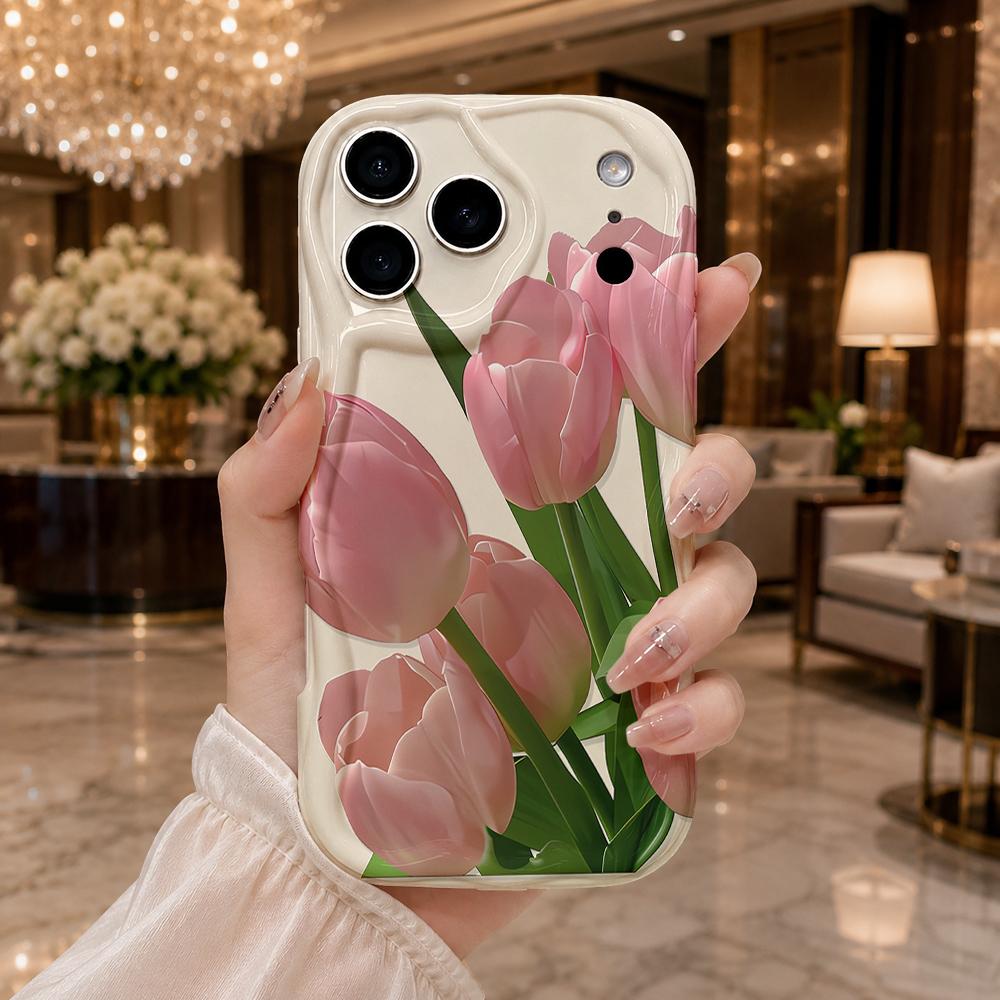 Pink Tulip Floral Pattern Wavy Edge Phone Case For iPhone 17 16 15 14 13 12 11 8 7 Plus Pro Max Spring Theme Soft Cover