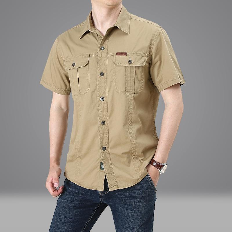 Summer Men's Cotton Shirts Plus Size Tooling Short-Sleeved Polo Shirt T-shirt Business Casual Loose Breathable Absorb Sweat