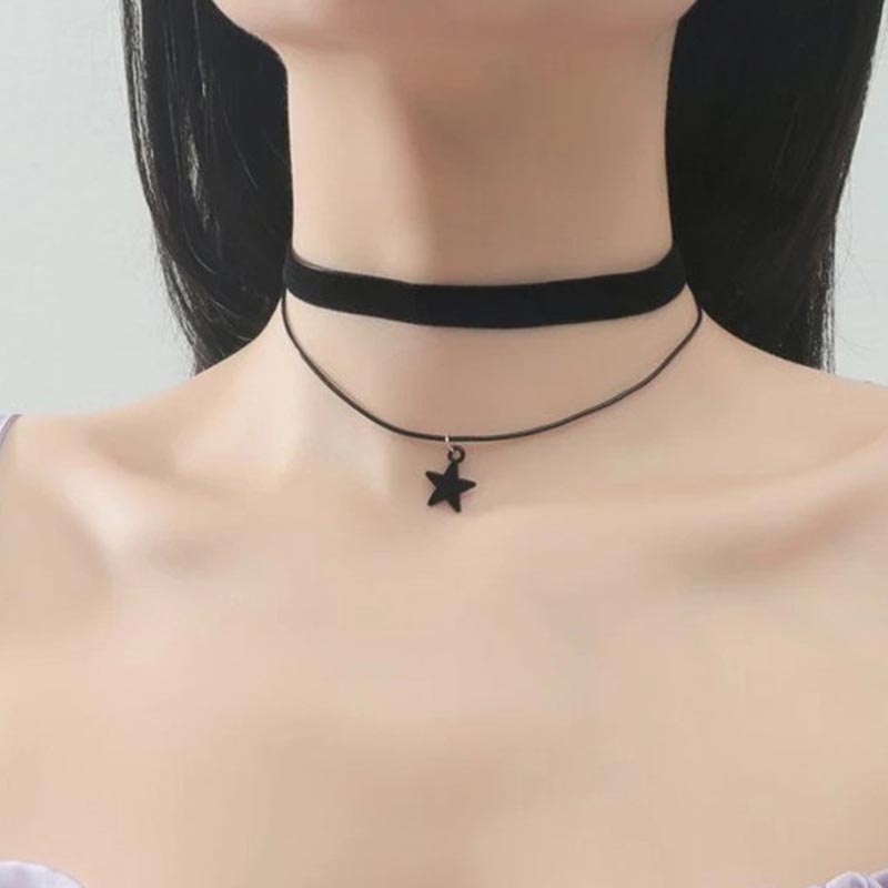 Black Crescent Moon Choker Necklace for Women Gothic Grunge Double Layers Velvet Jewelry Punk Female Pendant Gift Statement New