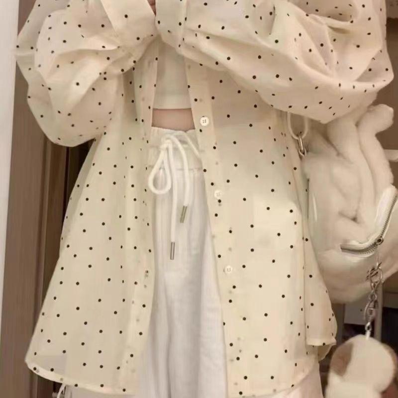Korean-style Mid-length Polka Dot Shirt Coat for Women Thin Style In Summer Loose and Lazy Style Mi-style Layering Sunscreen Shirt