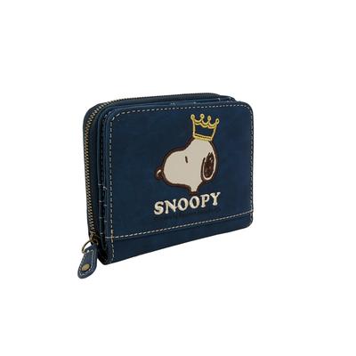 Snoopy Women's Bifold Wallet with Zip-Around Design, Popular Character Snoopy with Embroidered Crown (Navy)
