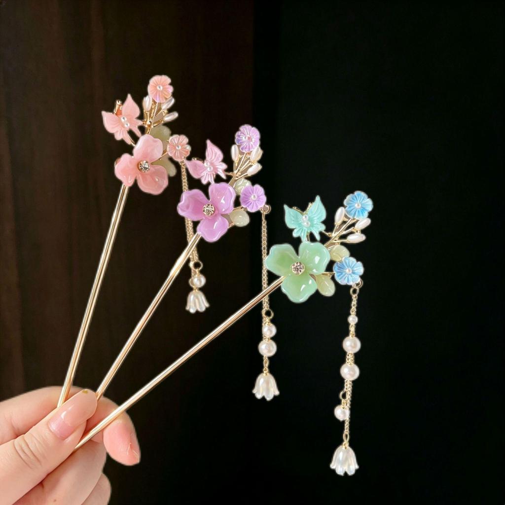 Three-Flower Butterfly Updo Hairpin – Elegant Women's Ancient Style Xiuhe Hair Accessory