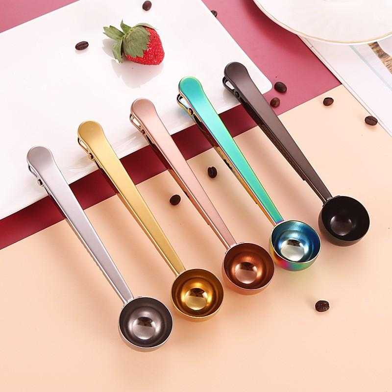 Stainless Steel Measuring Spoon With Clip Coffee Snacks Food Bags Multi-Function Kitchen Tool In Gold Rose