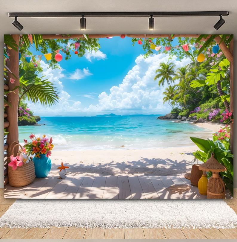 Summer Seaside Fruit Beach Palm Tree Theme Banner Background, Holiday Camping Party Decoration Photography Studio Backdrop Cloth