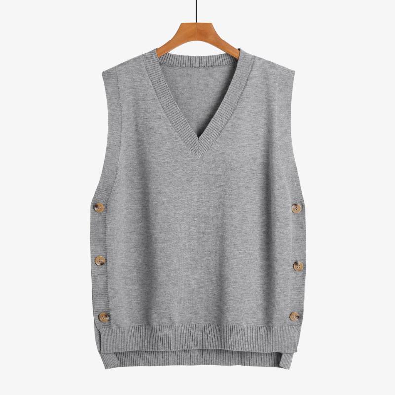 Autumn New Women's Clothing V-neck All Match Elegant Sweater Vest Buttoned Shoulder College Style Loose Vintage
