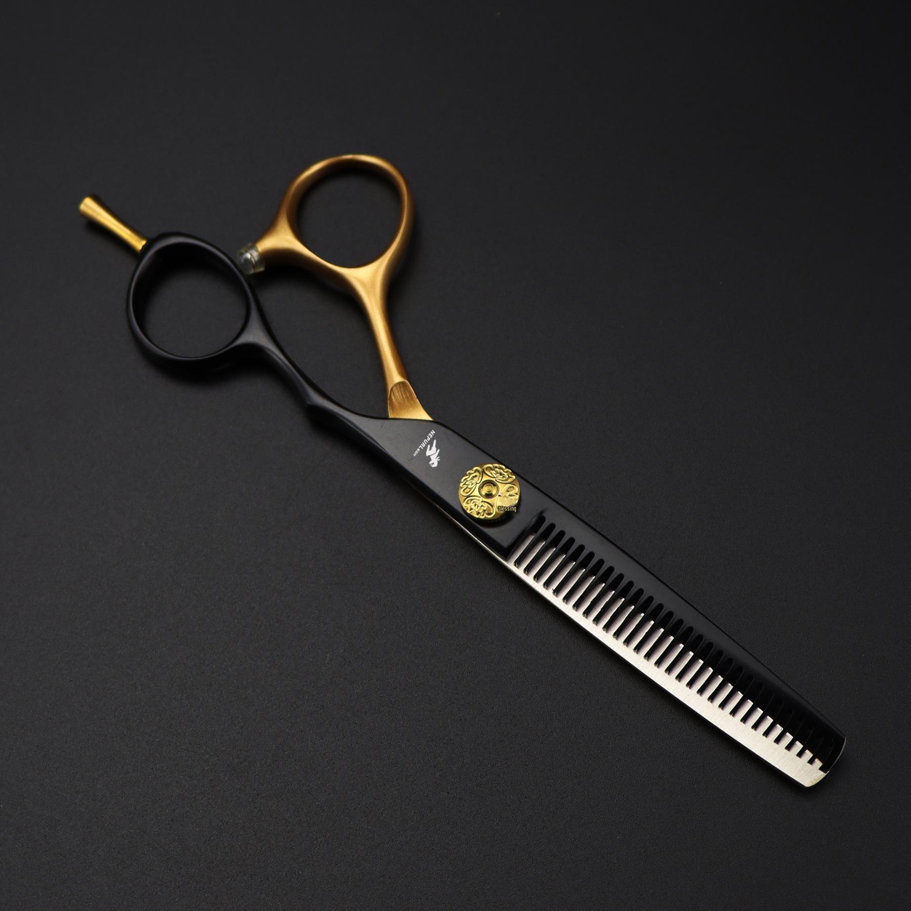 6.0 Black & Gold Hairdressing Scissors: Straight Shears, Bangs Scissors, Serrated Scissors, Thinning Shears.