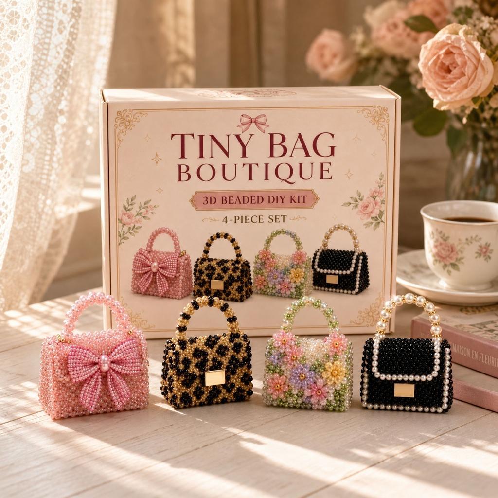 Tiny Bag Boutique 3D Beaded DIY Kit Four Piece Set Includes Beaded Handbag Models with Detailed Beading and Crafting Materials for Creative Assembly