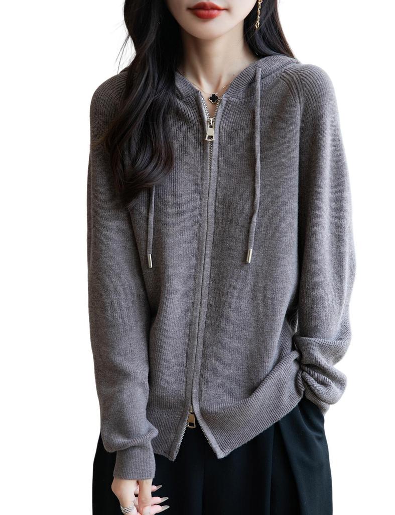 Yuanbao Stitch Women's Korean Style Wool Zippered Hoodie - Casual Versatile Solid Color Knitwear