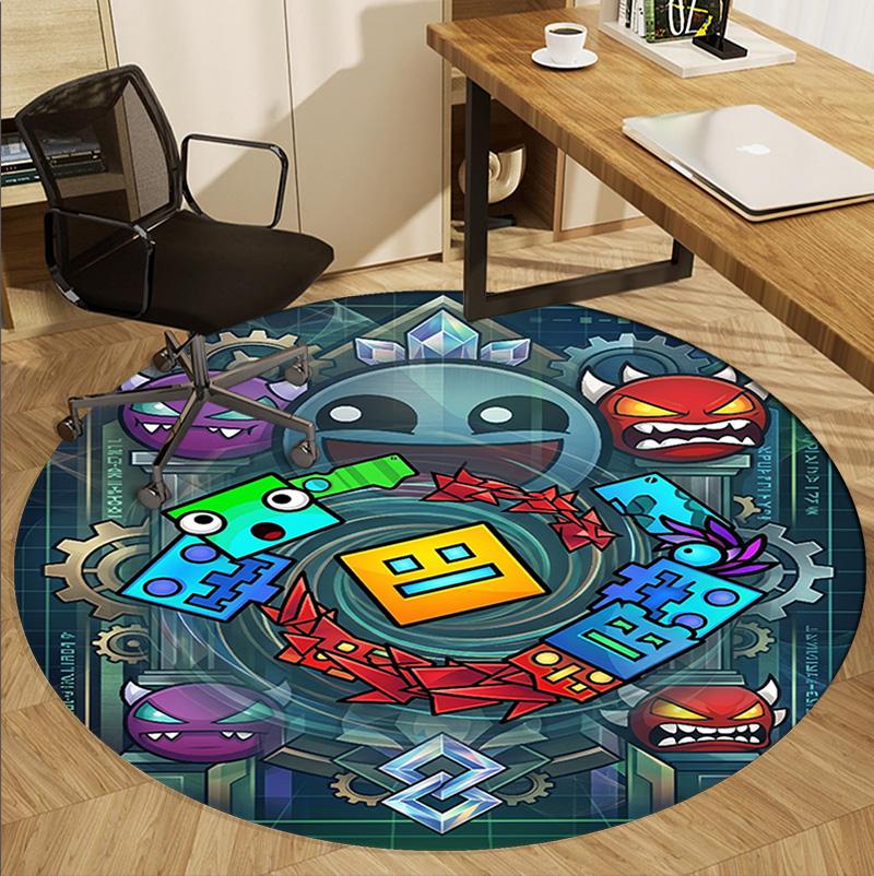 Geometry Dash Pattern Round Rug, Indoor/Outdoor Mat, for Picnic, Gameroom, Bedroom, Office, Living Room, Home Decor Carpet, Birthday Gift
