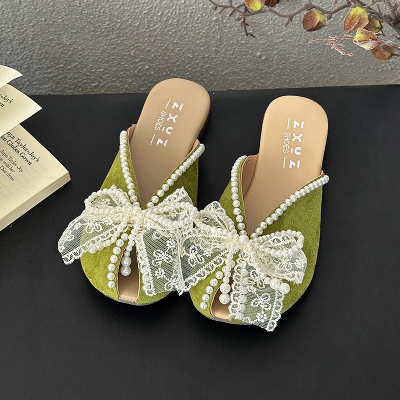 

Баотоу полутапочки женские 2025 весна и лето новые жемчужный бант модные мягкая подошва рыбий рот носить танкетка сандалии 40 зелёный