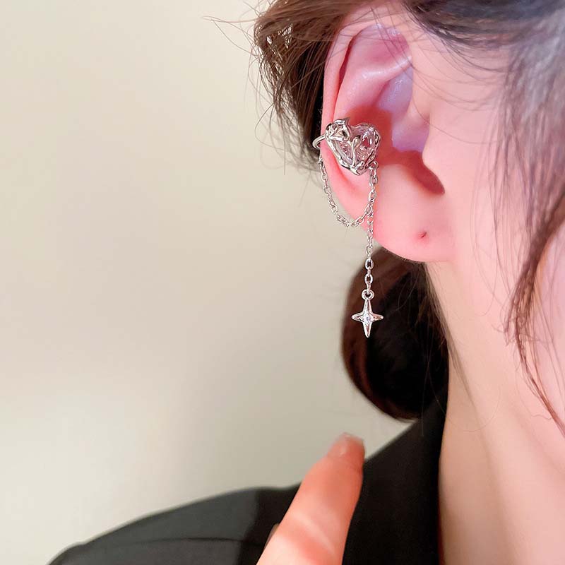 1Pcs Pink Crystal Heart Star Tassel Ear Clip Earrings for Women Vintage Non Piercing Ear Cuff Y2K Jewelry Party Jewelry Gift
