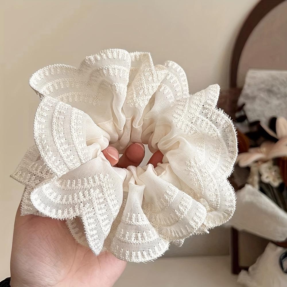 Luxurious Beige Lace Hair Scrunchie for Women - Exquisite Embroidered Minimalist Hair Tie with French Romantic Style, Soft and Breathable Fabric