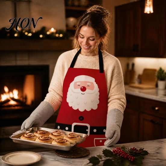Oil Proof Cooking Cover Christmas Apron with Santa Gingerbread Prints, Waterproof Resistant Holiday Apron, Adjustable Tie for Kitchen Baking