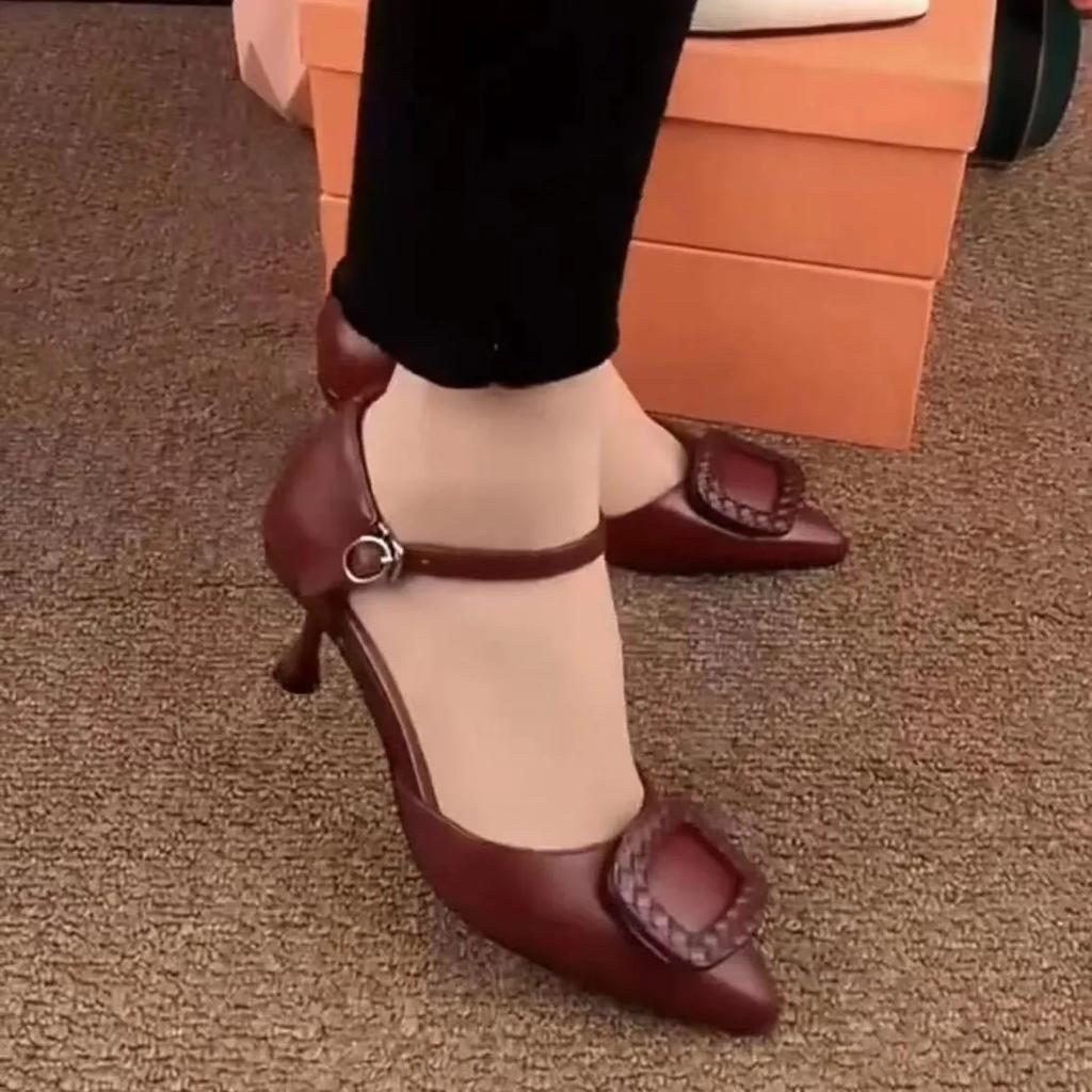 women fashion wine red light weight buckle strap stiletto heel shoes lady fashion black pumps for office career ab673