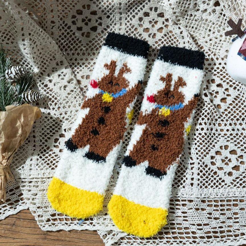 2024 Autumn/Winter Kids' Coral Fleece Christmas Embroidered Warm Cartoon Floor Socks