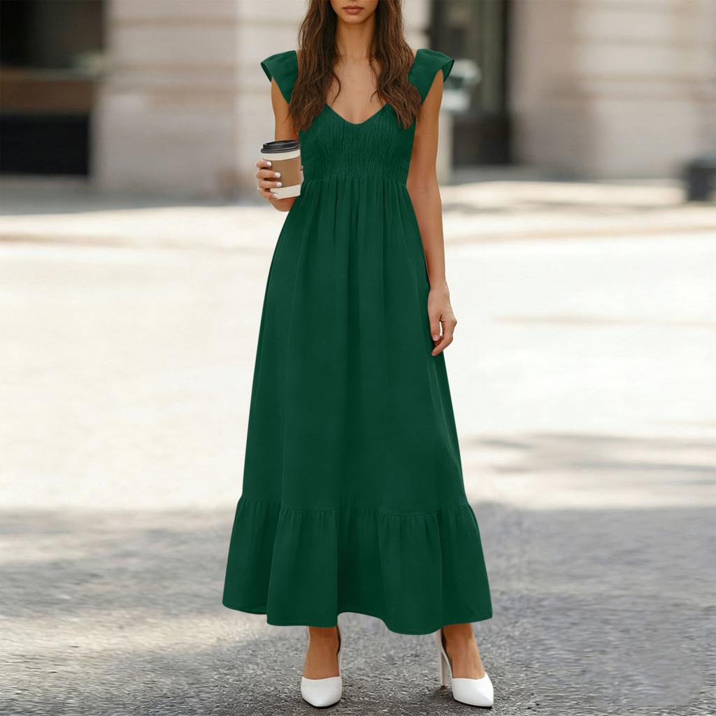 Women's Fashionable V-neck Casual Loose High Waisted Color Ruffle Sleeveless Pleated Long Dresses