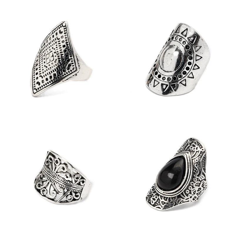 Zigeuner Ethnischer Stil Vintage Goth Silberfarbe 4 Stück/Set Blätter Dreieck Edelstein Kristall Midi Knöchelringe Für Frauen