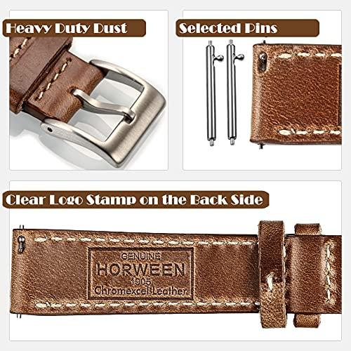 Hemsut Genuine Leather Watch Band, Horween Soft Leather Material, 22mm, Natural Leather Color + White Stitching, Stainless Steel Silver Watch Buckle,