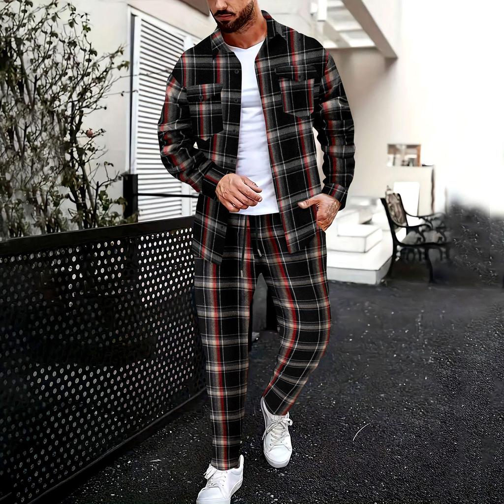 Men's Autumn Plaid Long-Sleeve Shirt and Pants Casual Sports Set