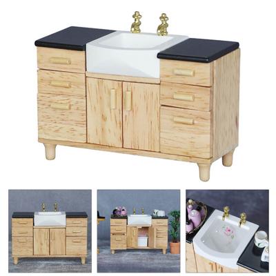1/12 Scale Dollhouse Bathroom Sink Cabinet Miniature Wood Vanity Furniture for Creative Role Play and Scene Display